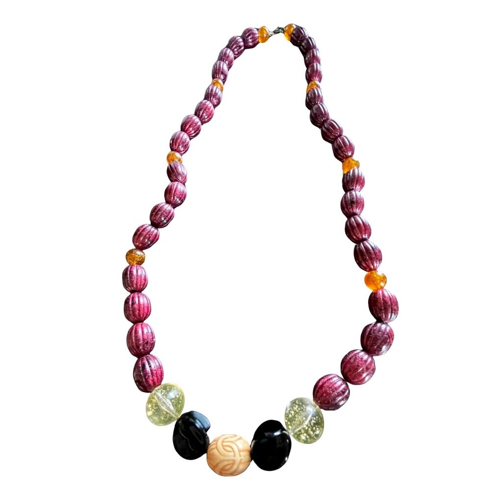 Vintage 1950s Lucite Molded Melon Bead Necklace Berry Pink Cream